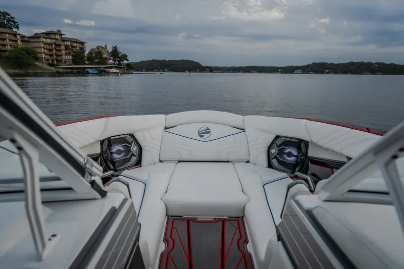 Slide: The Image of Luxurious interior of 2027 Tigé Ultré 25ZX boat with lake view. - 62