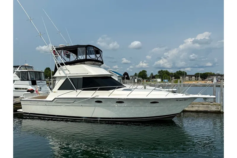 The Image of 1989 Tiara Yachts 3600 Convertible docked in a marina under a clear sky. - 1
