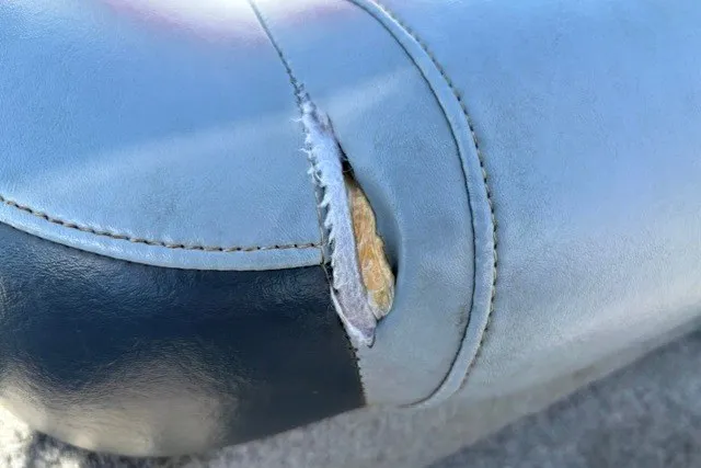 Slide: The Image of Torn seat upholstery on 2012 TRACKER BOATS Pro Team 175, revealing interior material. - 14