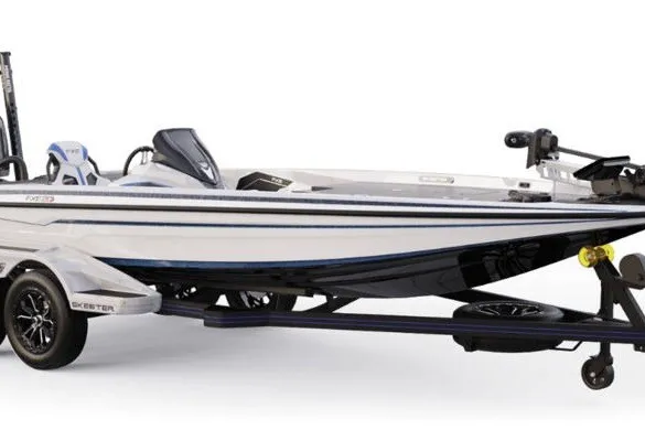 The Image of 2027 Skeeter FXE20 Limited fishing boat on trailer, sleek design, white and black color scheme. - 1