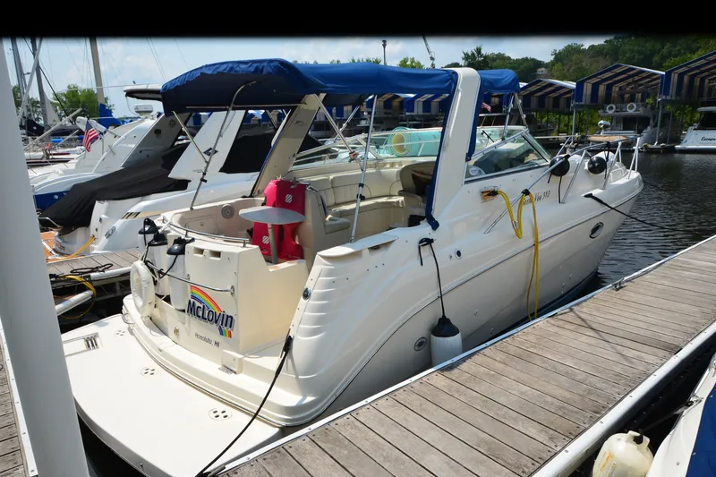 The Image of 2002 Rinker Fiesta Vee 310 boat docked with blue canopy and accessories. - 1