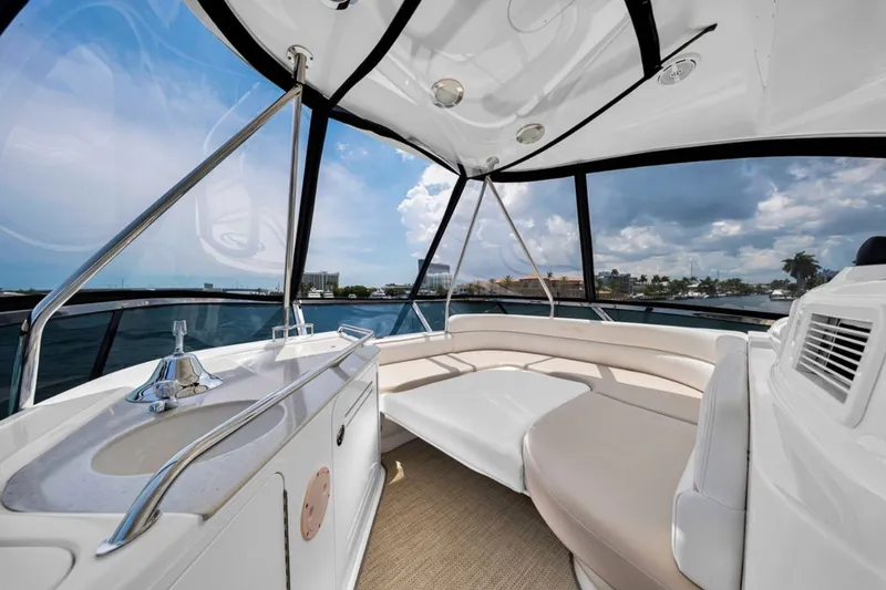 Slide: The Image of Luxurious interior of 2010 Sea Ray 52 Sedan Bridge yacht with panoramic windows. - 72