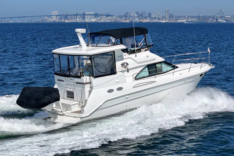 Slide: The Image of A 1999 Sea Ray 370 Aft Cabin cruising on the water with a city skyline in the background. - 6