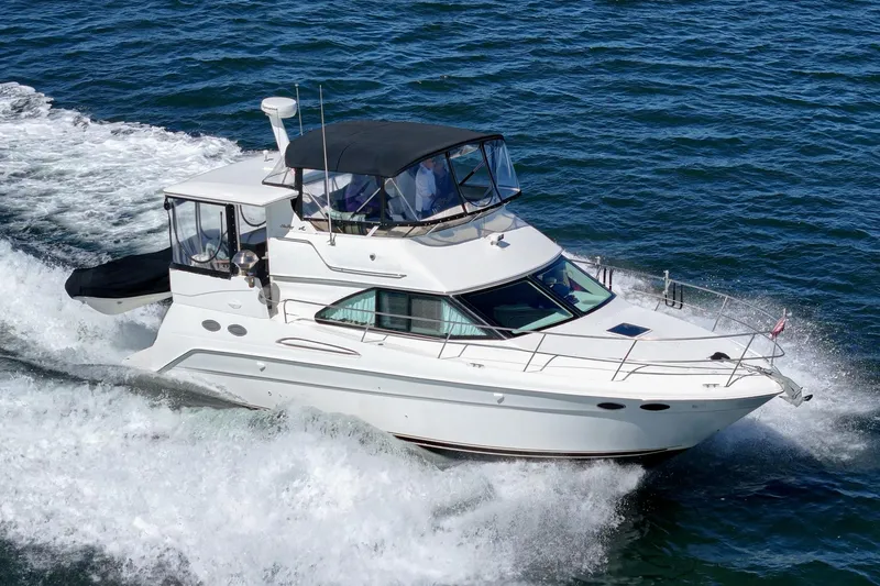 Slide: The Image of A white motor yacht speeds across the water. It features a black canopy and multiple windows. - 15