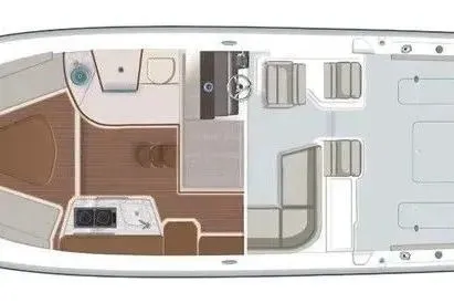 Slide: The Image of 2023 Pursuit OS 355 Offshore boat layout with cabin and seating areas. - 18