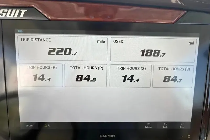 Slide: The Image of Garmin display showing trip data for 2025 Pursuit S 328 Sport: 220.7 miles, 188.7 gallons used. - 18