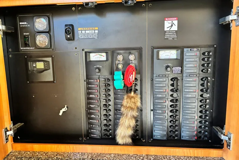 Slide: The Image of Electrical panel of a 2004 Meridian 459 Motoryacht with various switches and gauges. - 32