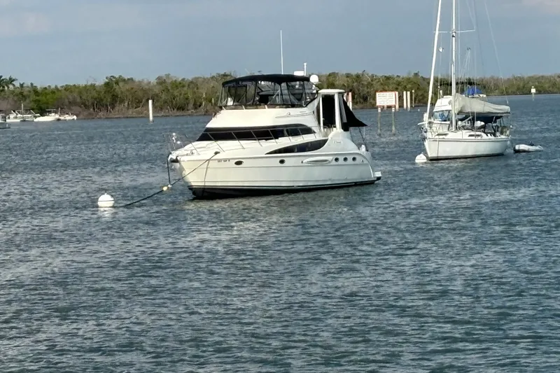 Slide: The Image of 2004 Meridian 459 Motoryacht anchored on calm water with sailboat nearby. - 39