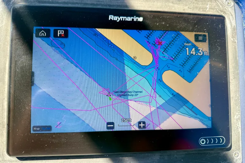 Slide: The Image of Raymarine navigation display showing San Diego Bay Channel on Azimut Atlantis 47, 2006 model. - 18