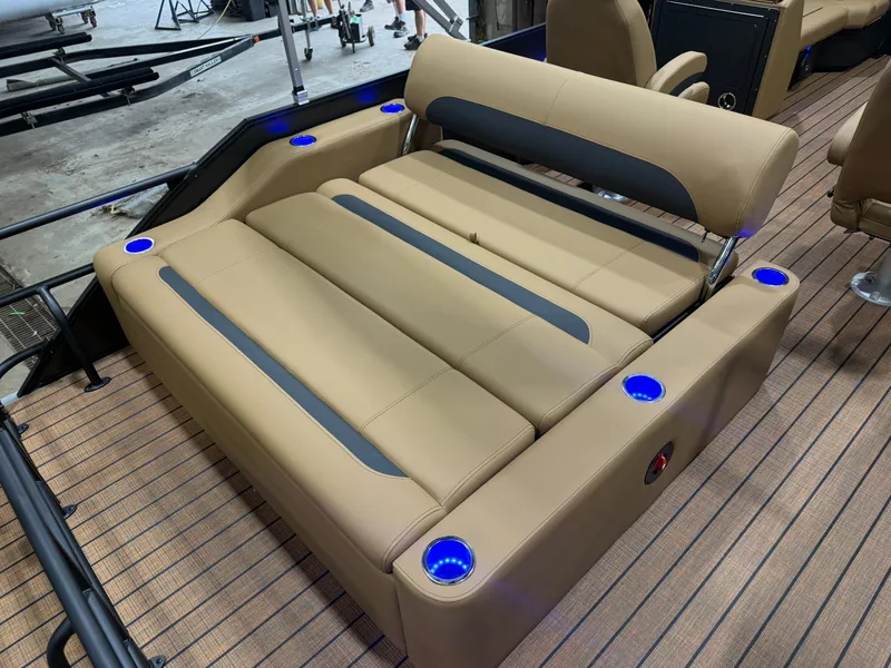 Slide: The Image of The image shows a luxurious boat seat with blue LED lighting and sleek upholstery. - 20