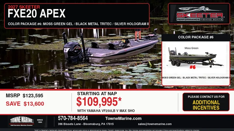 The Image of 2027 Skeeter FXE20 Apex in Moss Green Gel with black metal Tritec and silver hologram. Price: $109,995. - 1