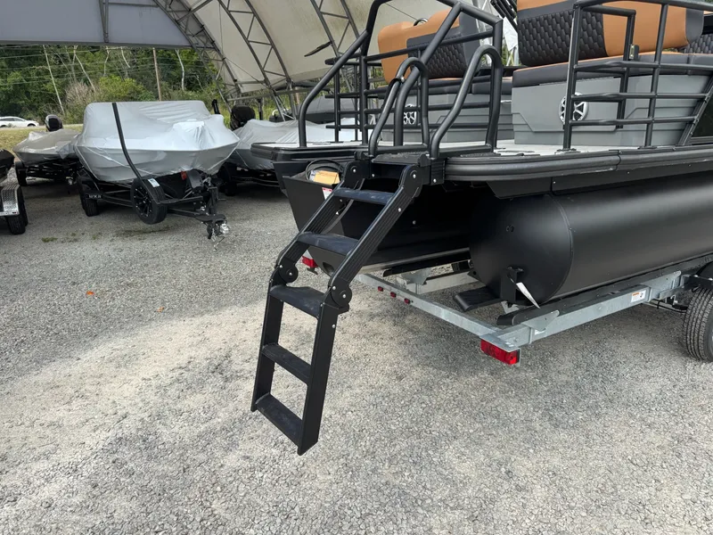 Slide: The Image of A 2026 Sylvan L3 RLZ pontoon boat with a foldable ladder at the rear. - 3