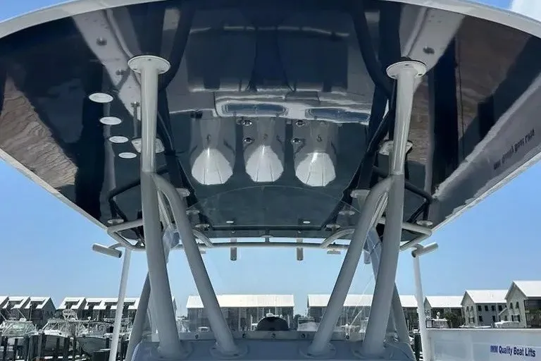 Slide: The Image of 2021 Contender 35 ST boat's T-top view, showcasing sleek design and sturdy construction. - 10