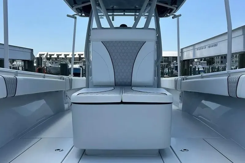 Slide: The Image of 2021 Contender 35 ST boat interior with sleek seating and modern design. - 9