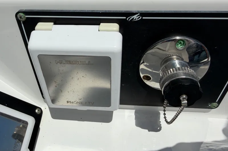 Slide: The Image of Close-up of Hubbell phone/TV outlet on 2018 Monterey 378SE Super Express boat. - 15
