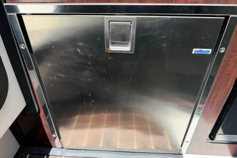 Slide: The Image of Stainless steel refrigerator door on 2018 Monterey 378SE Super Express boat. - 26