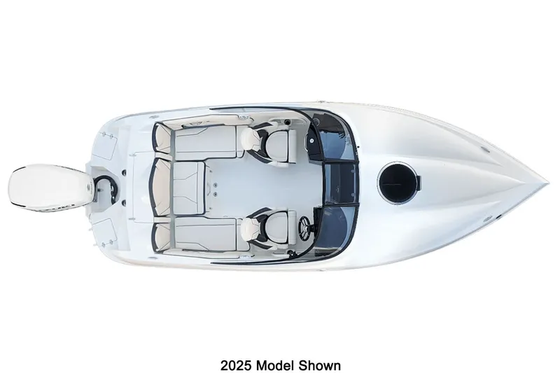 The Image of Top view of a white Stingray 23 OCX boat with open cockpit and outboard motor. - 1