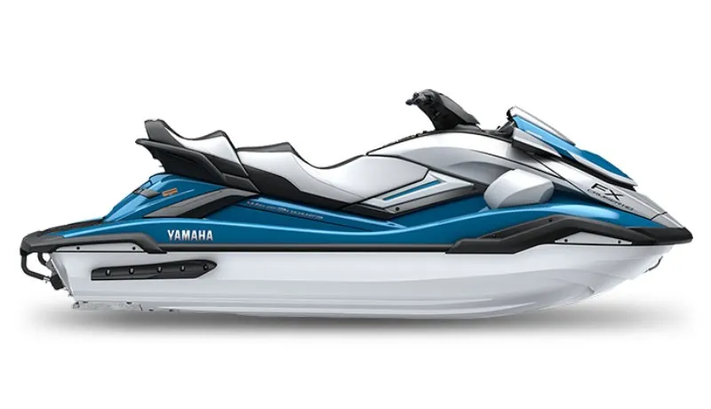 The Image of A modern Yamaha FX Cruiser HO jet ski in blue and white, featuring ergonomic seating and sporty design. - 1