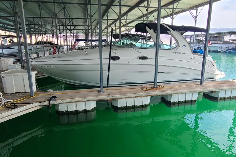 The Image of 2004 Sea Ray Sundancer 280 docked in a marina with green water. - 16