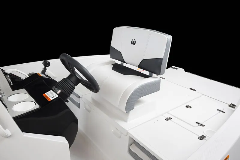 Slide: The Image of The image shows the cockpit of a 2019 Scarab 195 Open G with a white seat and black steering wheel. - 10