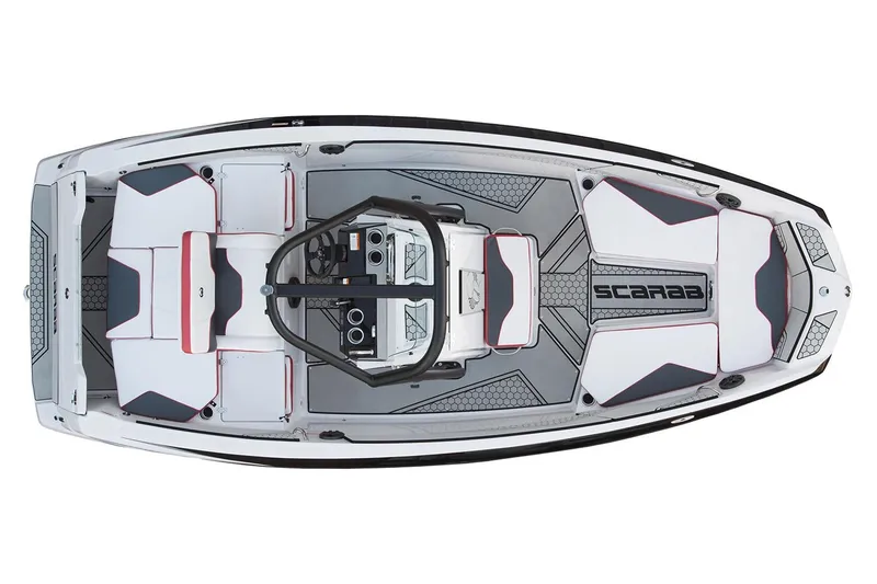 Slide: The Image of Top view of a 2019 Scarab 195 Open ID boat with sleek design and spacious cockpit. - 19