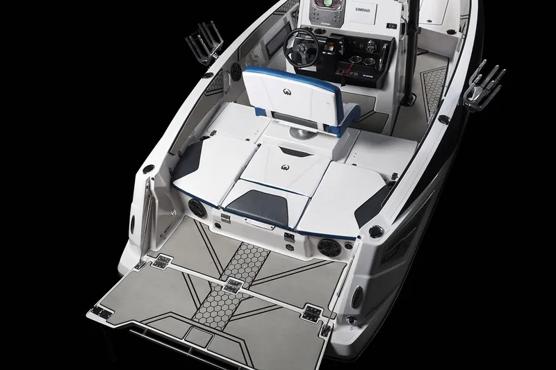 Slide: The Image of The image shows the cockpit of a 2019 Scarab 195 Open ID boat with modern controls. - 16