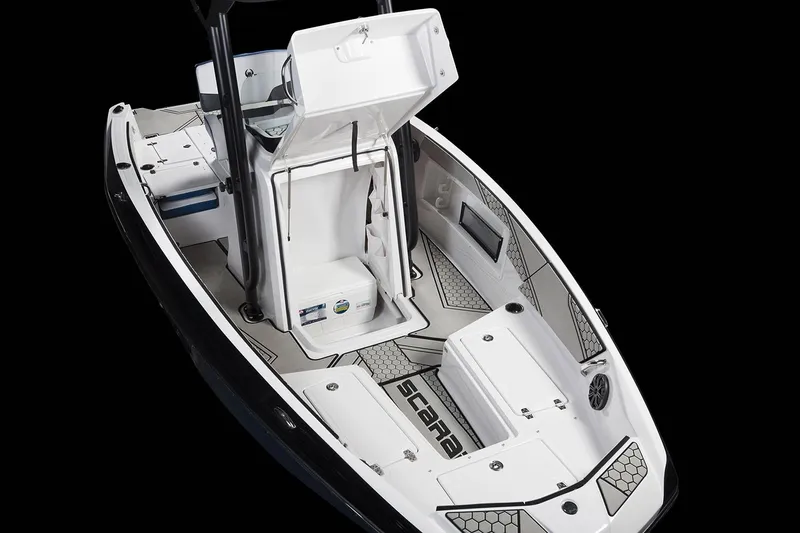 Slide: The Image of The image shows a 2019 Scarab 195 Open ID boat with open storage and a sleek design. - 13