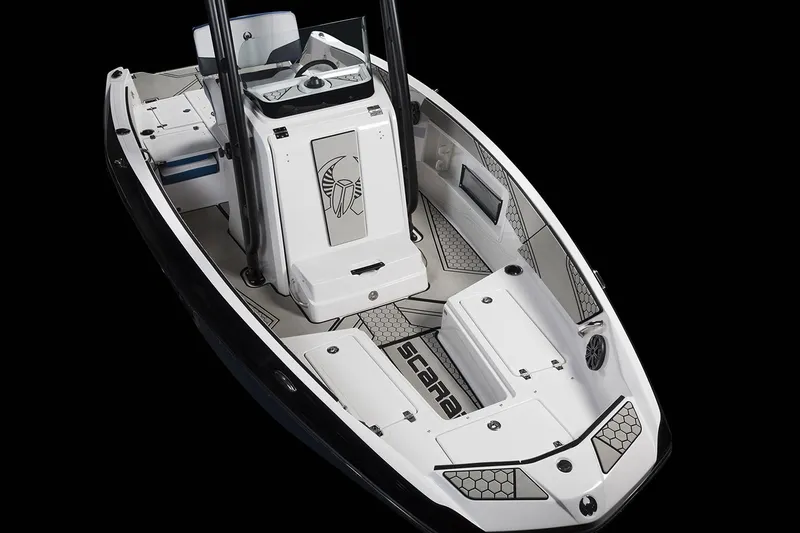 Slide: The Image of The image shows a 2019 Scarab 195 Open ID boat with a sleek design and spacious deck. - 12