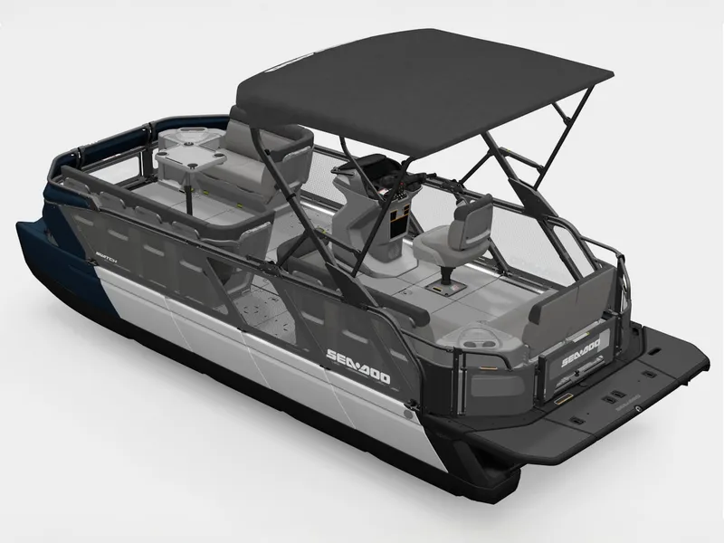 Slide: The Image of The image shows a Sea-Doo Switch Cruise 21 boat with 300 hp and tech package. It features a modern design with a protective sunshade and comfortable seating areas. - 3