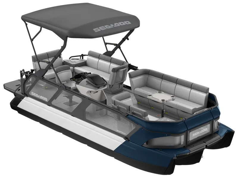 Slide: The Image of The image shows a Sea-Doo Switch Cruise 21 pontoon boat with a gray canopy and spacious seating areas. - 2