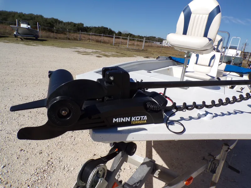 Slide: The Image of A 2018 G3 Bay 18 boat with a Minn Kota Terrova motor on a trailer. - 3