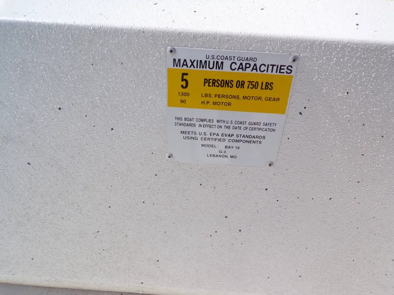 Slide: The Image of A sign on a boat shows the maximum capacity of 5 persons or 750 pounds. - 25