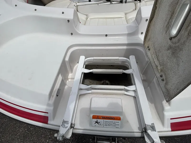 Slide: The Image of A white swim platform with a retractable ladder and a warning label. - 12