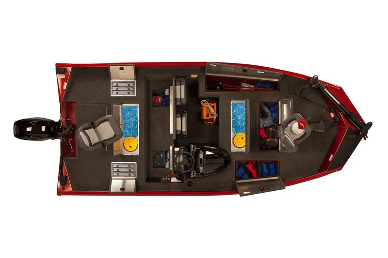 Slide: The Image of Manufacturer Provided Image: 2020 Lowe Stinger 175C fishing boat, top view, red exterior, equipped with storage compartments and seating. - 12