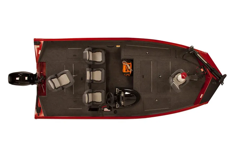 Slide: The Image of Manufacturer Provided Image: 2020 Lowe Stinger 175C fishing boat, top view, red exterior, four seats, motor at rear. - 11