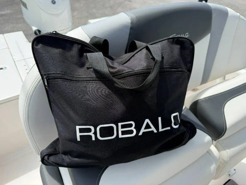 Slide: The Image of A black Robalo bag sits on a white boat seat. - 41