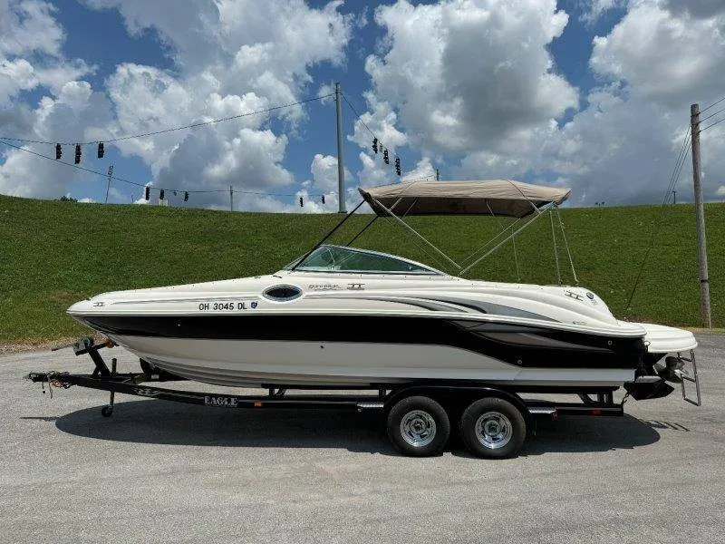 The Image of A 2003 Sea Ray 240 Sundeck on a trailer, featuring a bimini top, set against a grassy hill. - 1