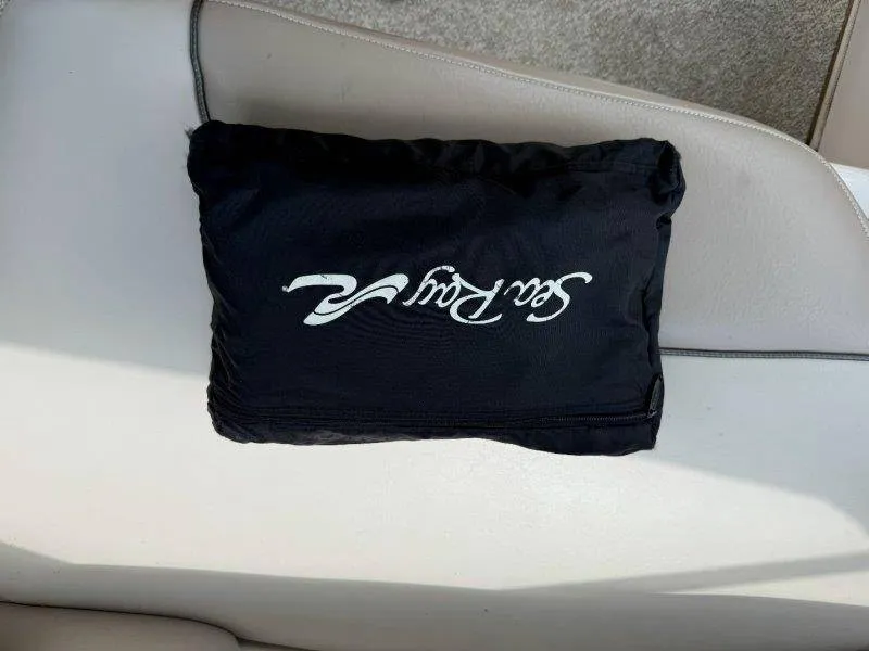 Slide: The Image of A black bag with the Sea Ray logo rests on a beige boat seat. - 38