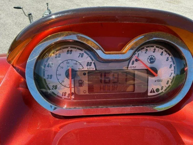 Slide: The Image of Close-up of a Sea-Doo dashboard showing speed and RPM gauges. - 23