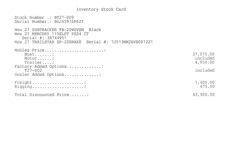 Slide: The Image of Inventory stock card for 2027 Sun Tracker Fishin' Barge 20 DLX, total price $43,900. - 52