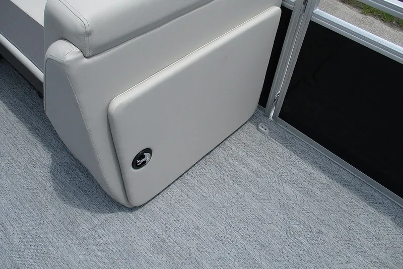 Slide: The Image of 2027 Sun Tracker Fishin' Barge 20 DLX interior seating detail with gray upholstery. - 21