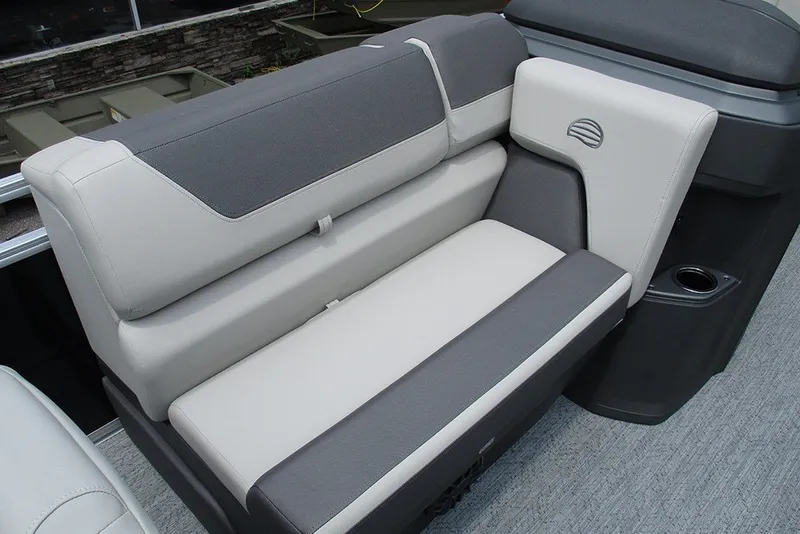 Slide: The Image of Sun Tracker Fishin' Barge 20 DLX 2027 boat seating, gray and white upholstery. - 17
