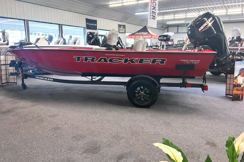 The Image of 2027 Tracker Pro Team 175 Crappie Edition boat displayed indoors. - 0