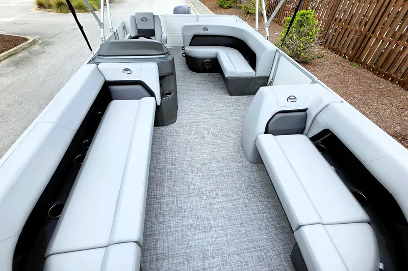 Slide: The Image of 2027 Sun Tracker Party Barge 18 DLX interior with spacious seating and modern design. - 14
