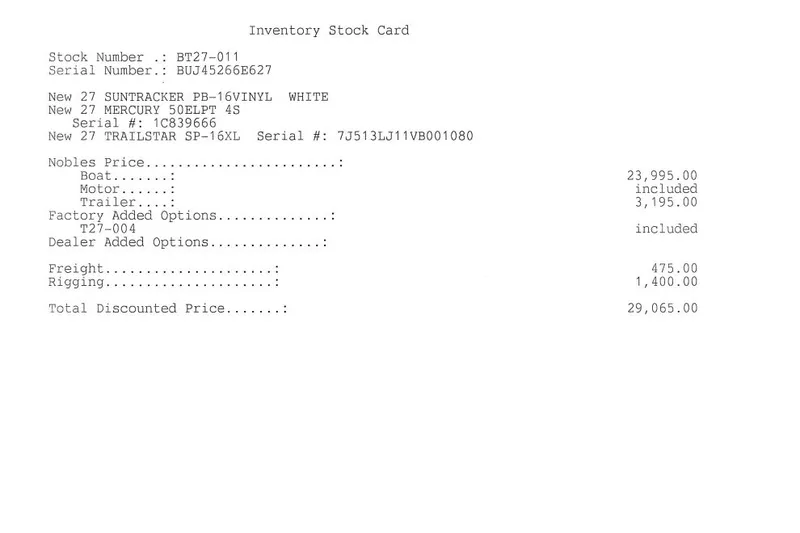 Slide: The Image of Inventory stock card for 2027 Sun Tracker Party Barge 16 DLX with pricing details. - 59