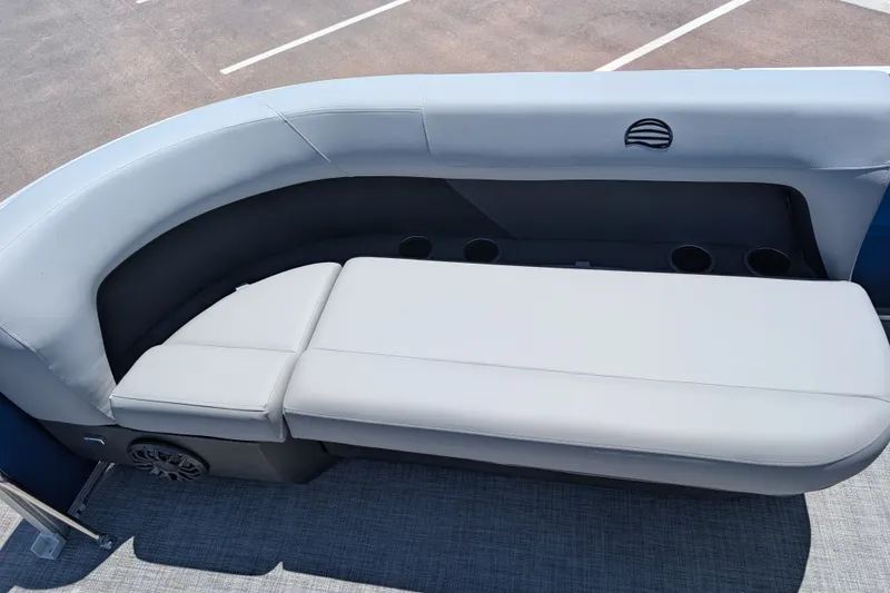 Slide: The Image of Sun Tracker Party Barge 16 DLX 2027, featuring comfortable seating and cup holders. - 13