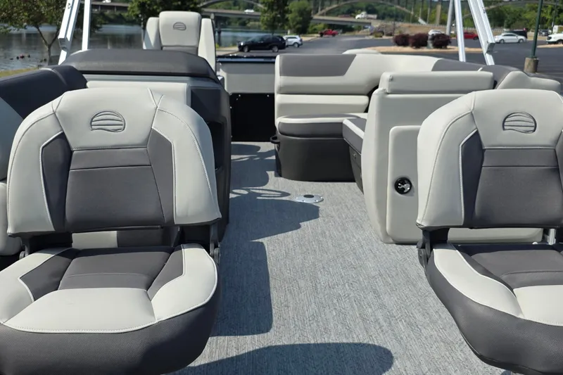 Slide: The Image of 2027 Sun Tracker Fishin' Barge 20 DLX interior with comfortable seating and spacious layout. - 21