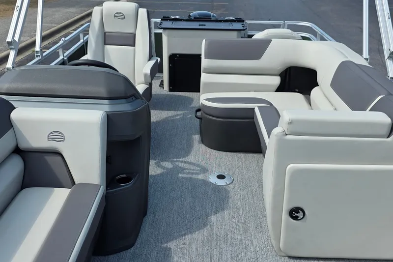 Slide: The Image of 2027 Sun Tracker Fishin' Barge 20 DLX interior with spacious seating and modern design. - 29