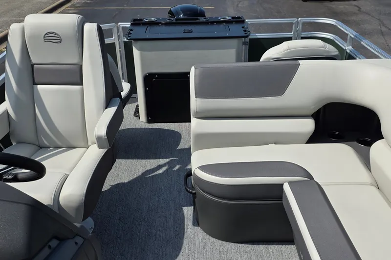 Slide: The Image of 2027 Sun Tracker Fishin' Barge 20 DLX interior with comfortable seating and modern design. - 25