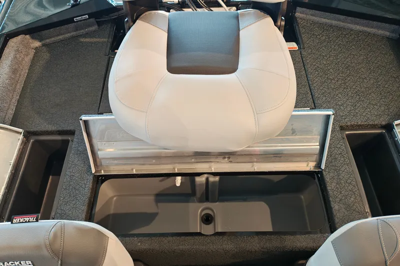 Slide: The Image of 2027 Tracker Pro Team 175 Crappie Edition boat interior with seating and storage compartments. - 28